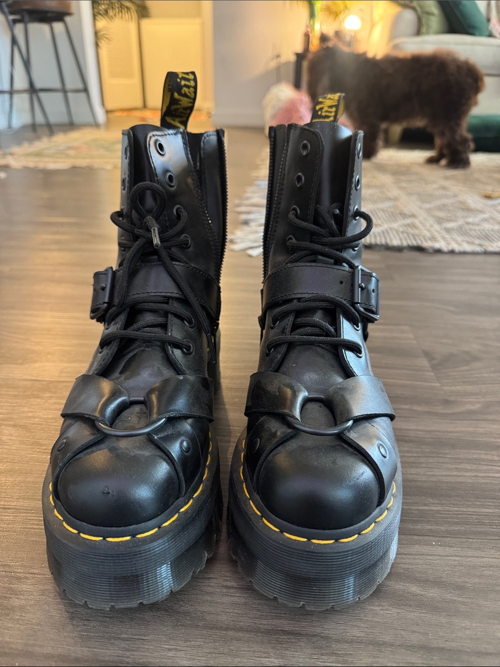 Dr. Martens Black Leather Platform Combat Boots with Yellow Stitching - Picture 4 of 7